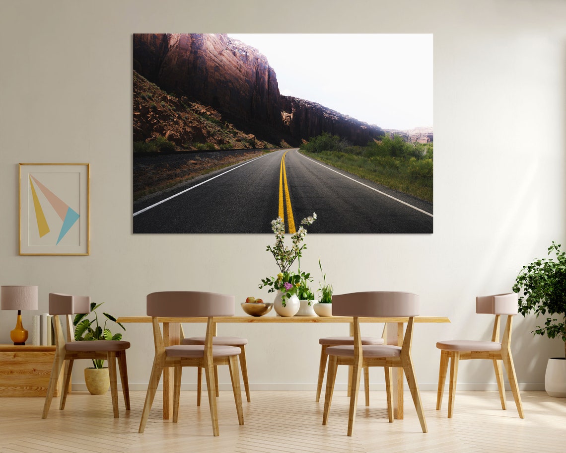 Empty Desert Highway Through Red Rock Canyon Cliffs Travel Poster
