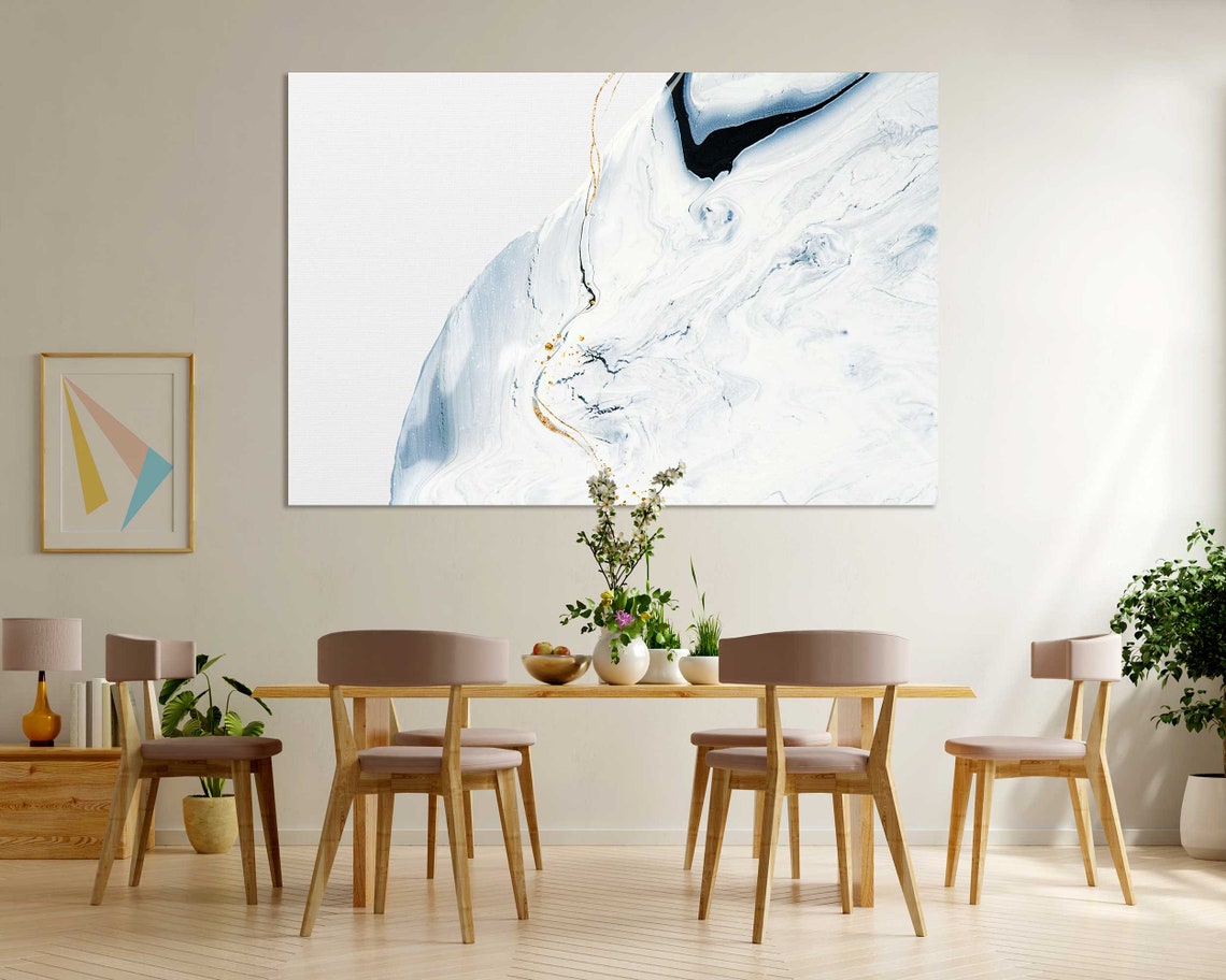 White Marble Blue Gray Gold Veining Minimalist Elegant Art Poster