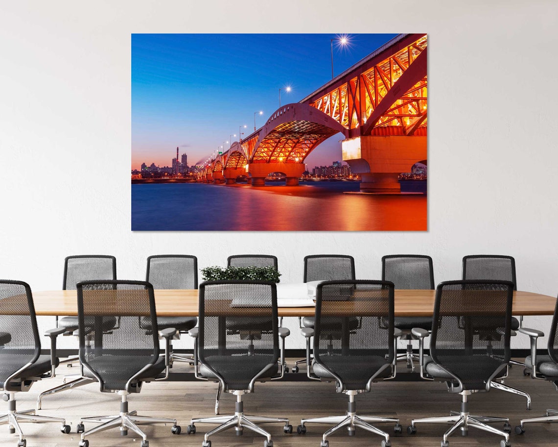 Seoul Seongsan Bridge At Twilight Orange Lights Han River Poster - Image 4
