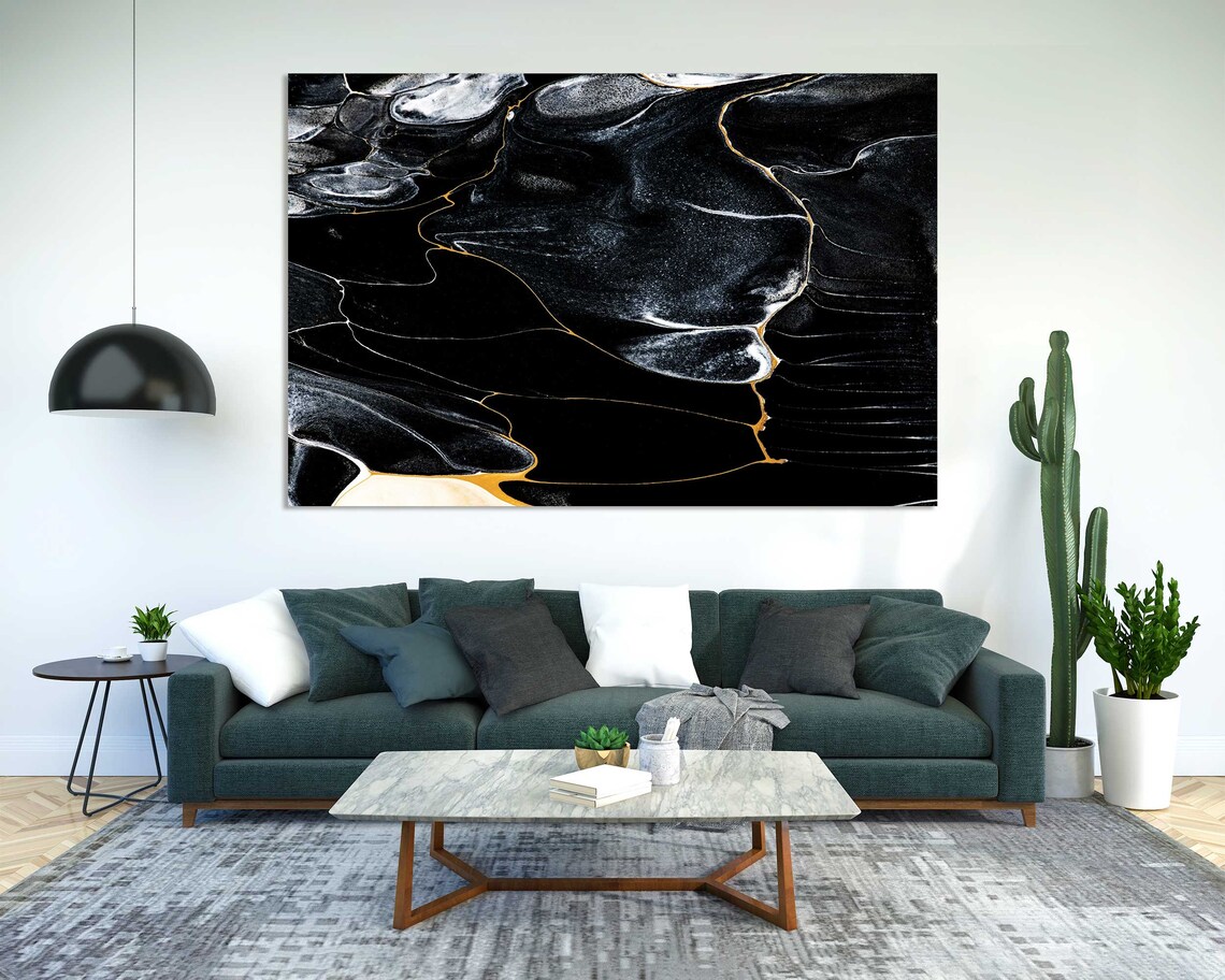 Black Marble Gold White Swirling Veins Luxury Abstract Art Poster - Image 2