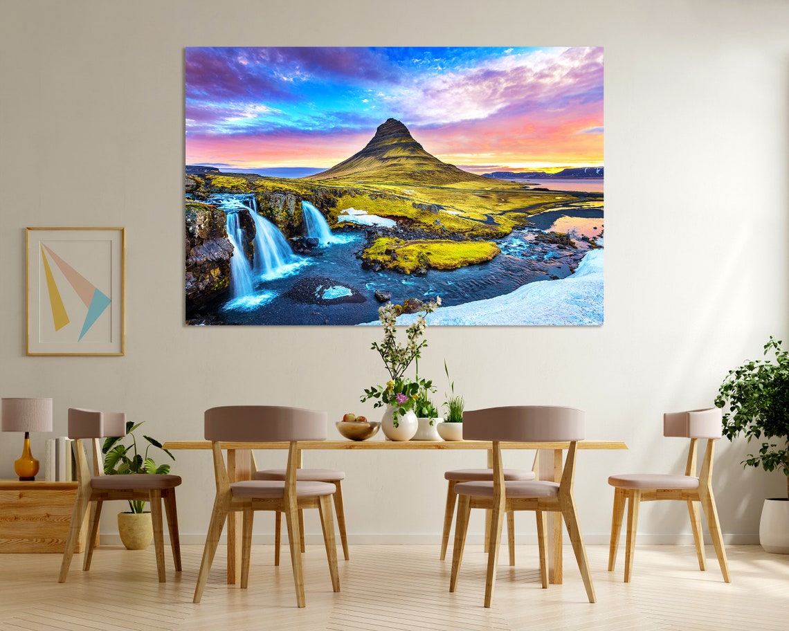 Iceland Kirkjufell Mountain Sunrise with Waterfall Colorful Sky Poster