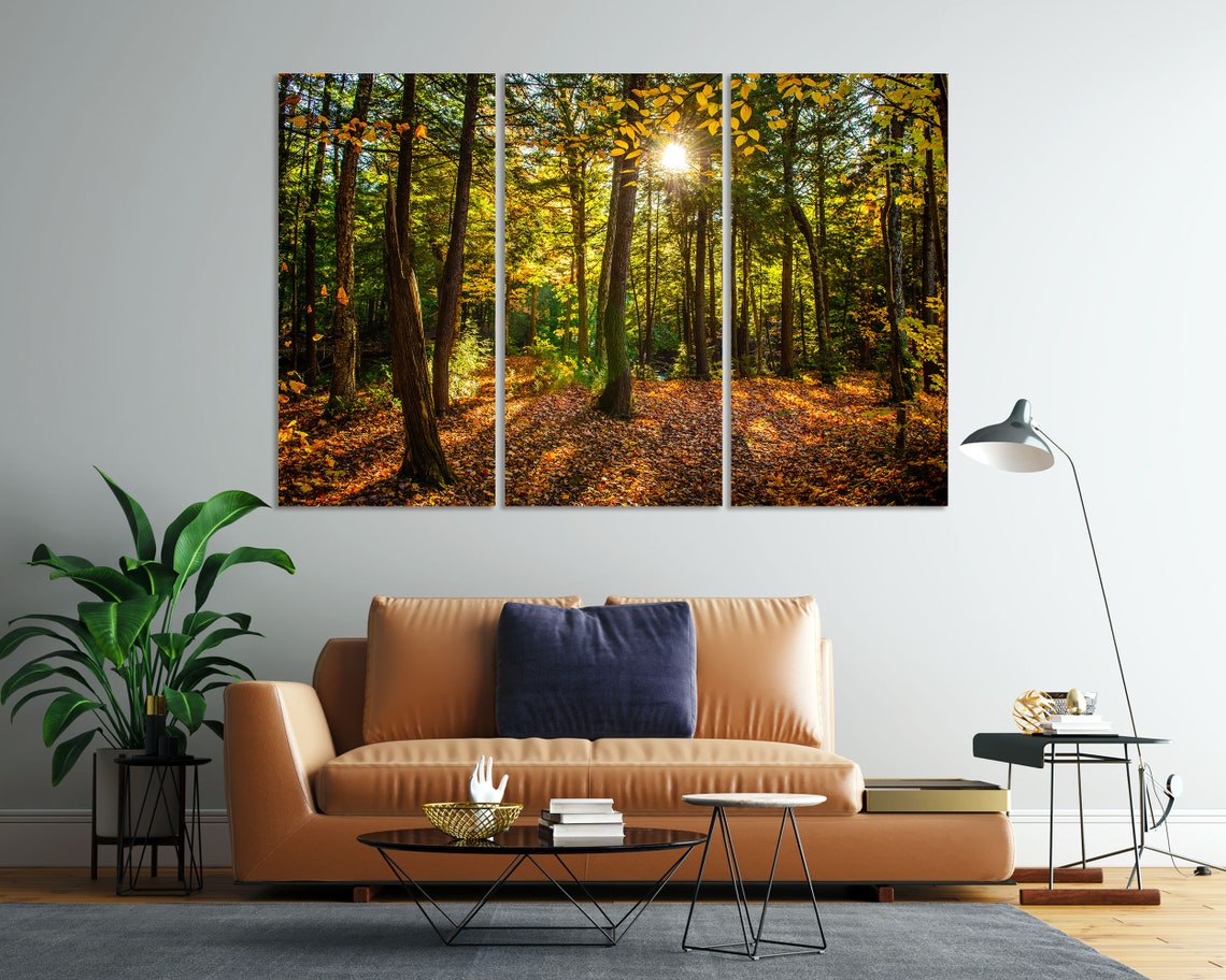 Sunlit Autumn Forest with Golden Leaves Carpet Woodland View Poster - Image 8