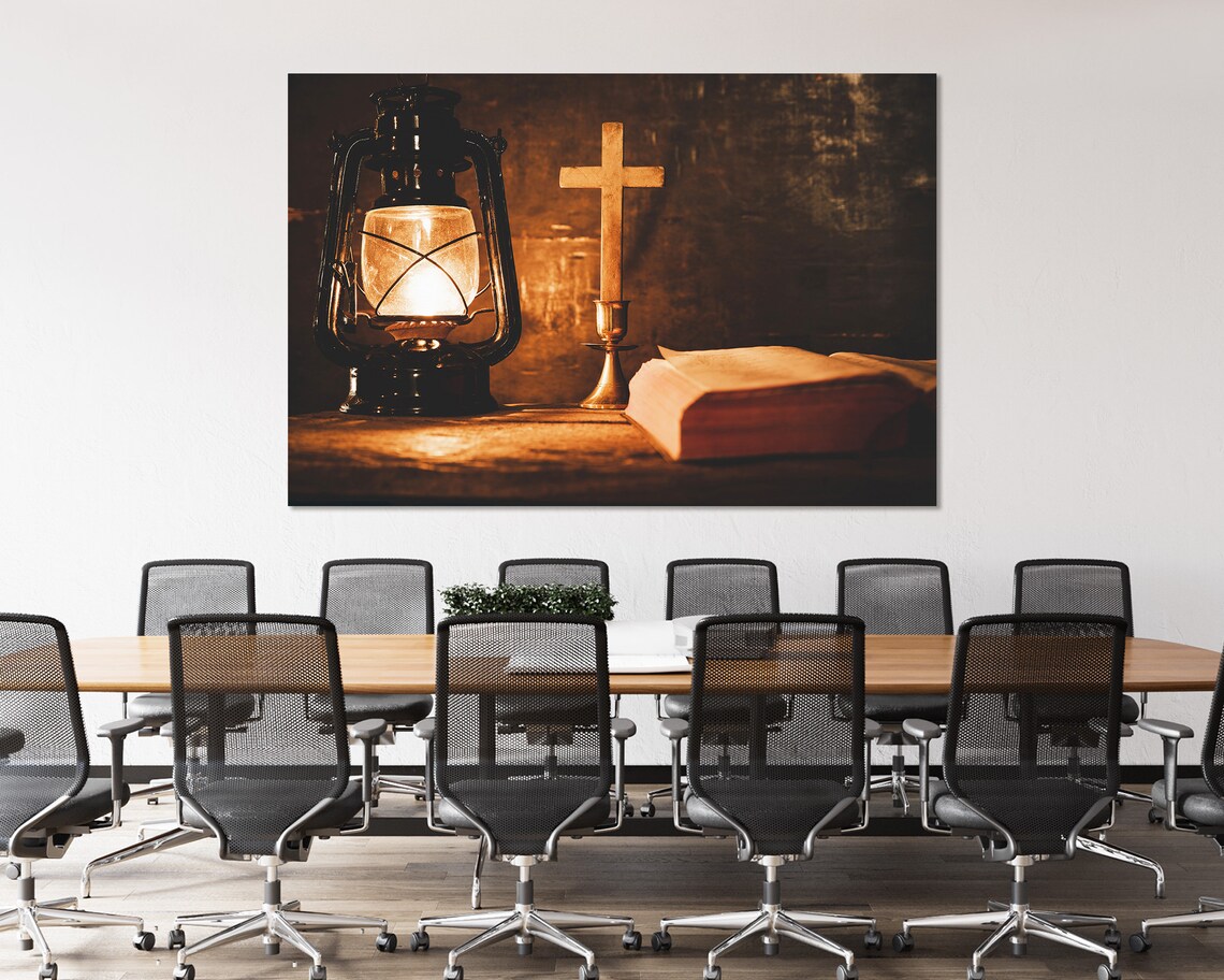 Kerosene Lantern Wooden Cross And Open Bible Warm Light Spiritual Poster - Image 4