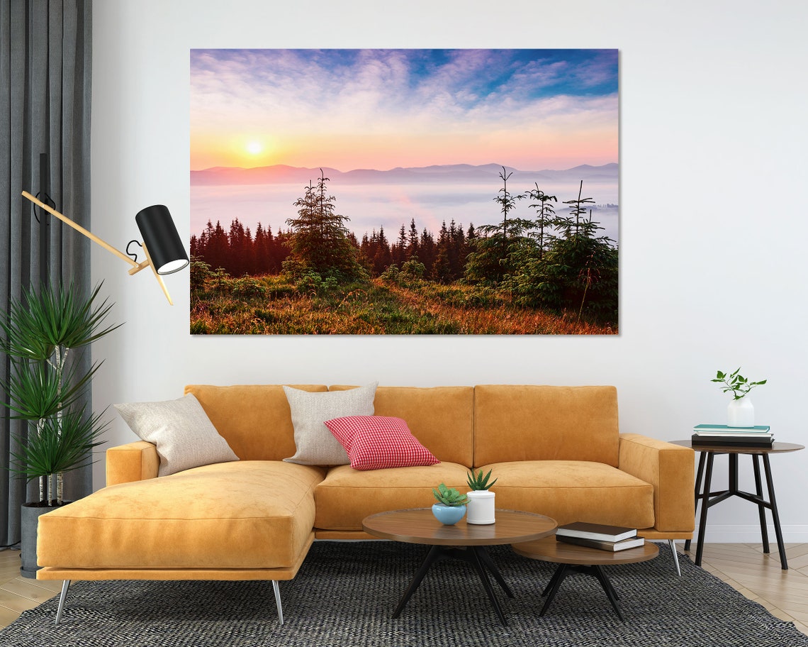 Sunset In The Mountains Landscape Decor For Wall Carpathian Of Ukraine Europe Photo Art On Mountains Painting Art Decor Foggy Art - Image 5
