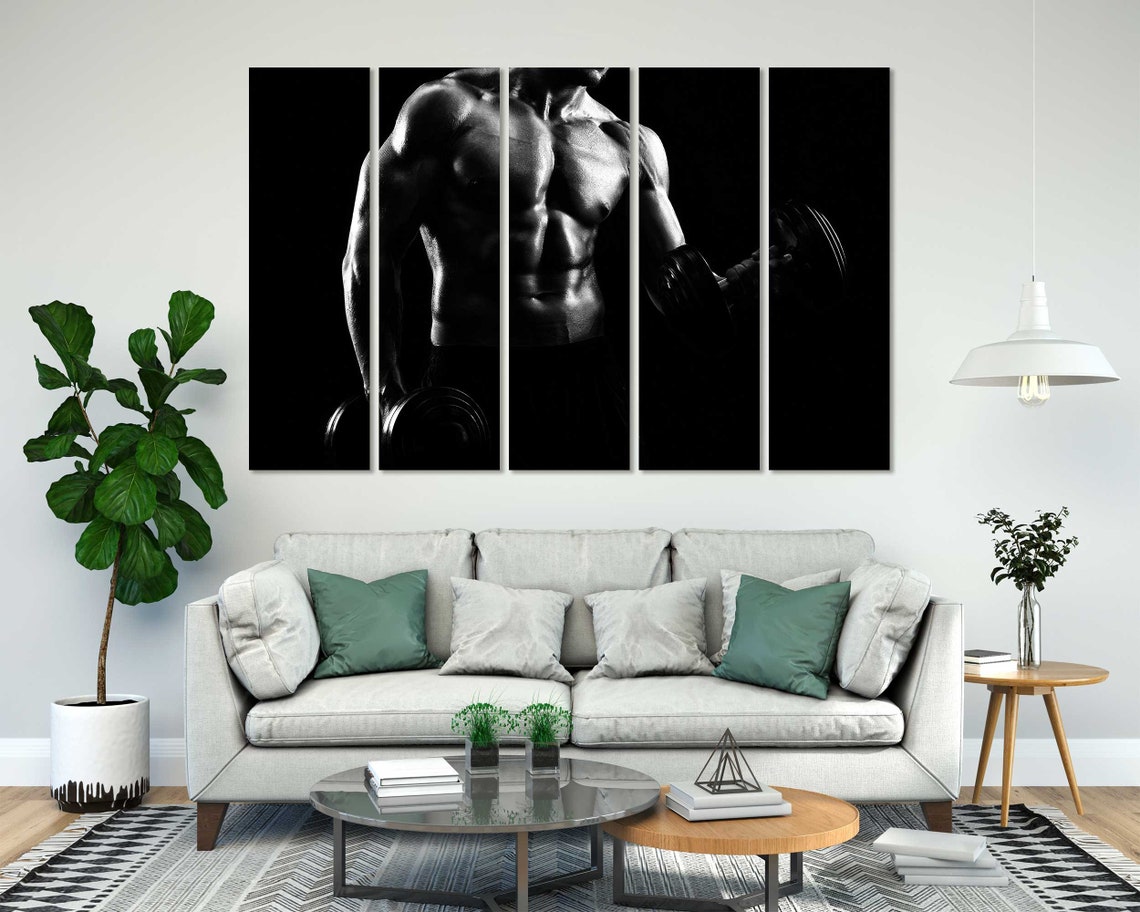 Black And White Bodybuilder Muscles Dumbbells Gym Strength Art Poster - Image 6
