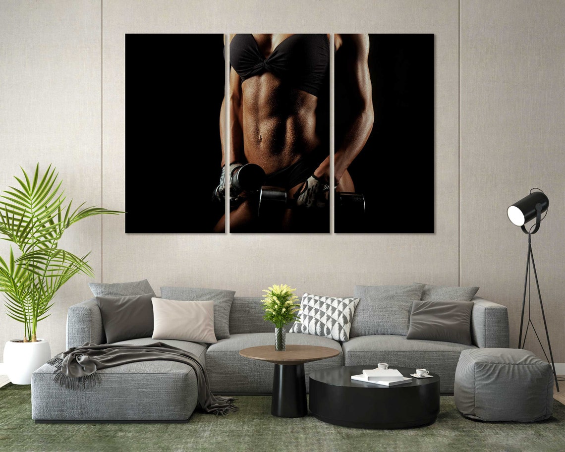 Fitness Woman With Perfect Body Holding Dumbbells Printing Art On Gym Modern Artwork Fitness Wall Art Woman Body Art On - Image 2