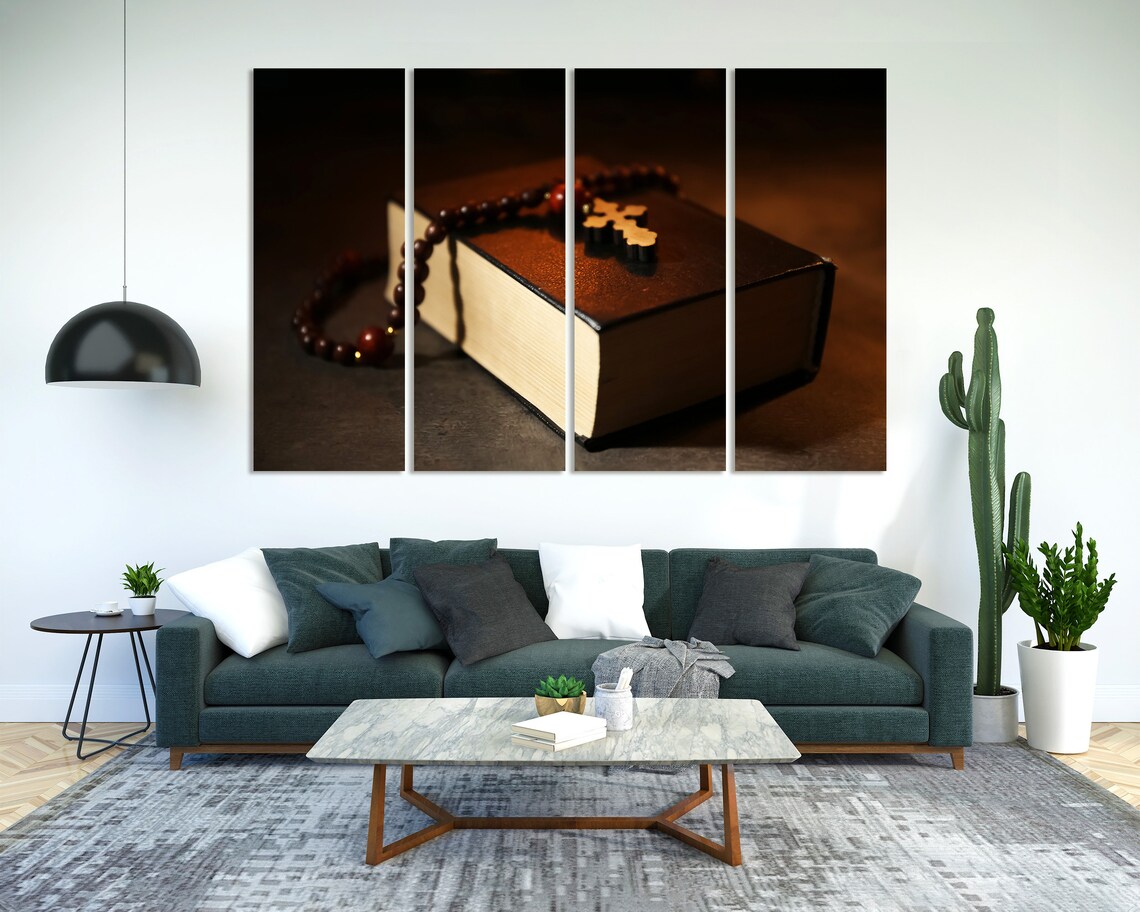 Rosary Beads And Wooden Cross On Bible Dark Warm Light Spiritual Poster - Image 2