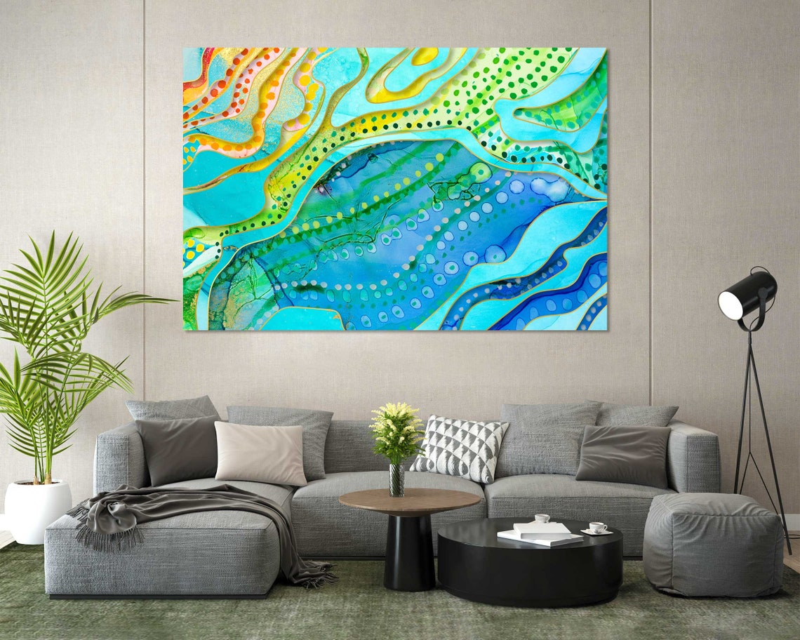 Turquoise Blue Green Yellow Abstract Waves Dotted Flow Art Poster - Image 8