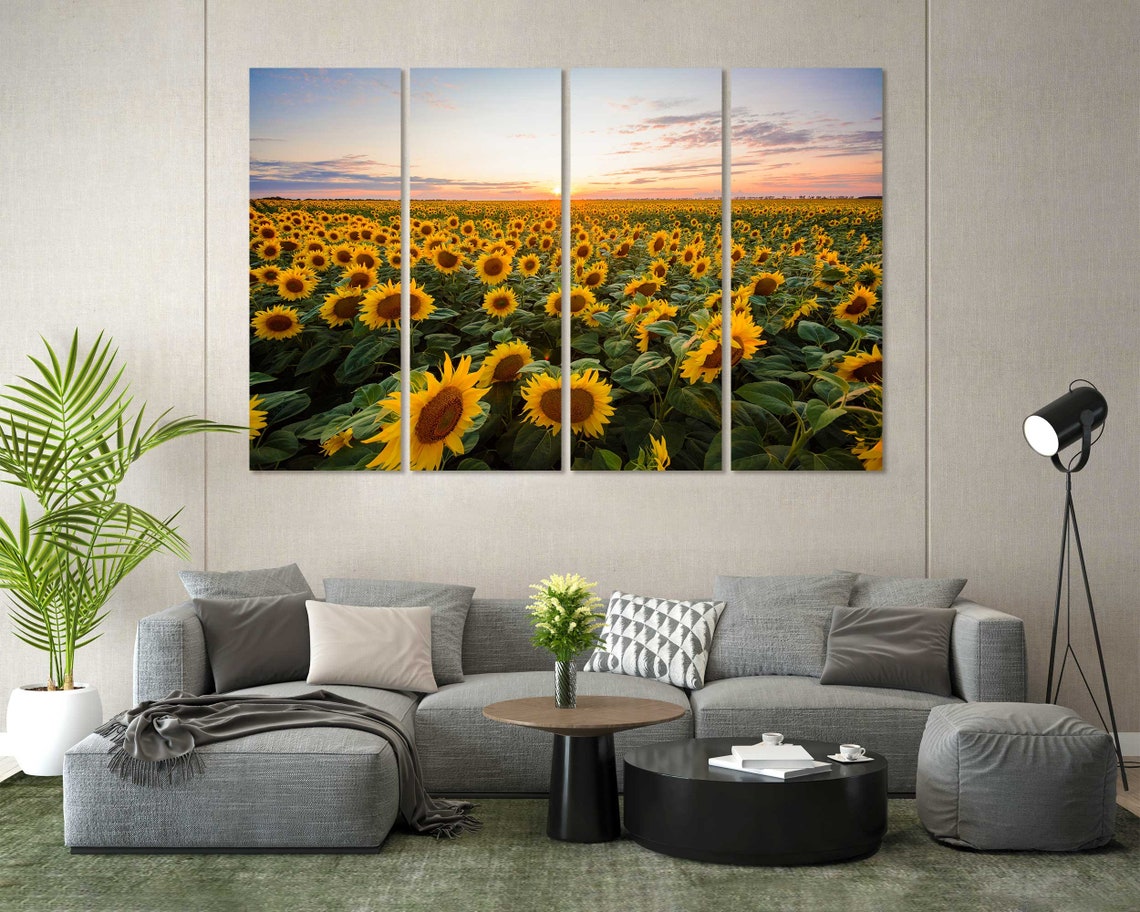 Sunflower Field at Sunset Golden Blooms Horizon 3 Panel Wall Art - Image 8