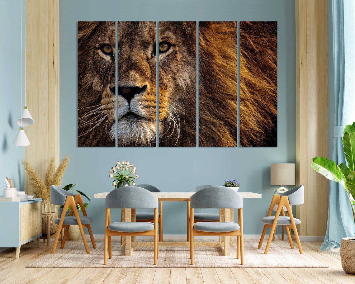 Powerful Lion Face Close Up Golden Mane Wild 3 Panel Wall Art - Image 3