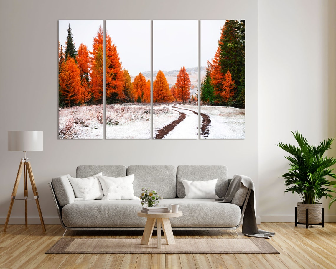 First Snow In Autumn Forest Orange Larch Trees Winter Path Poster - Image 8