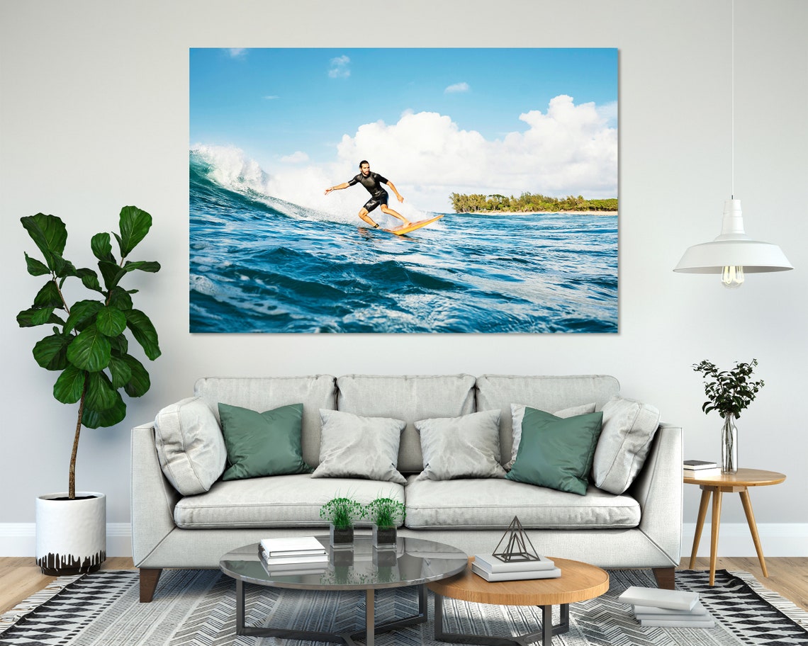 Surfer Riding Ocean Wave Sunny Blue Day Coastal Surfing Art Poster - Image 3