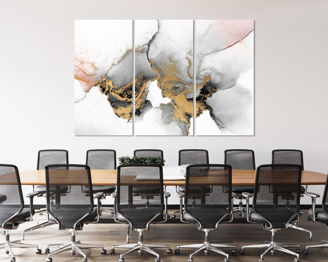 White Gray Gold Marble Abstract Watercolor Three Panel Modern Wall Art - Image 4