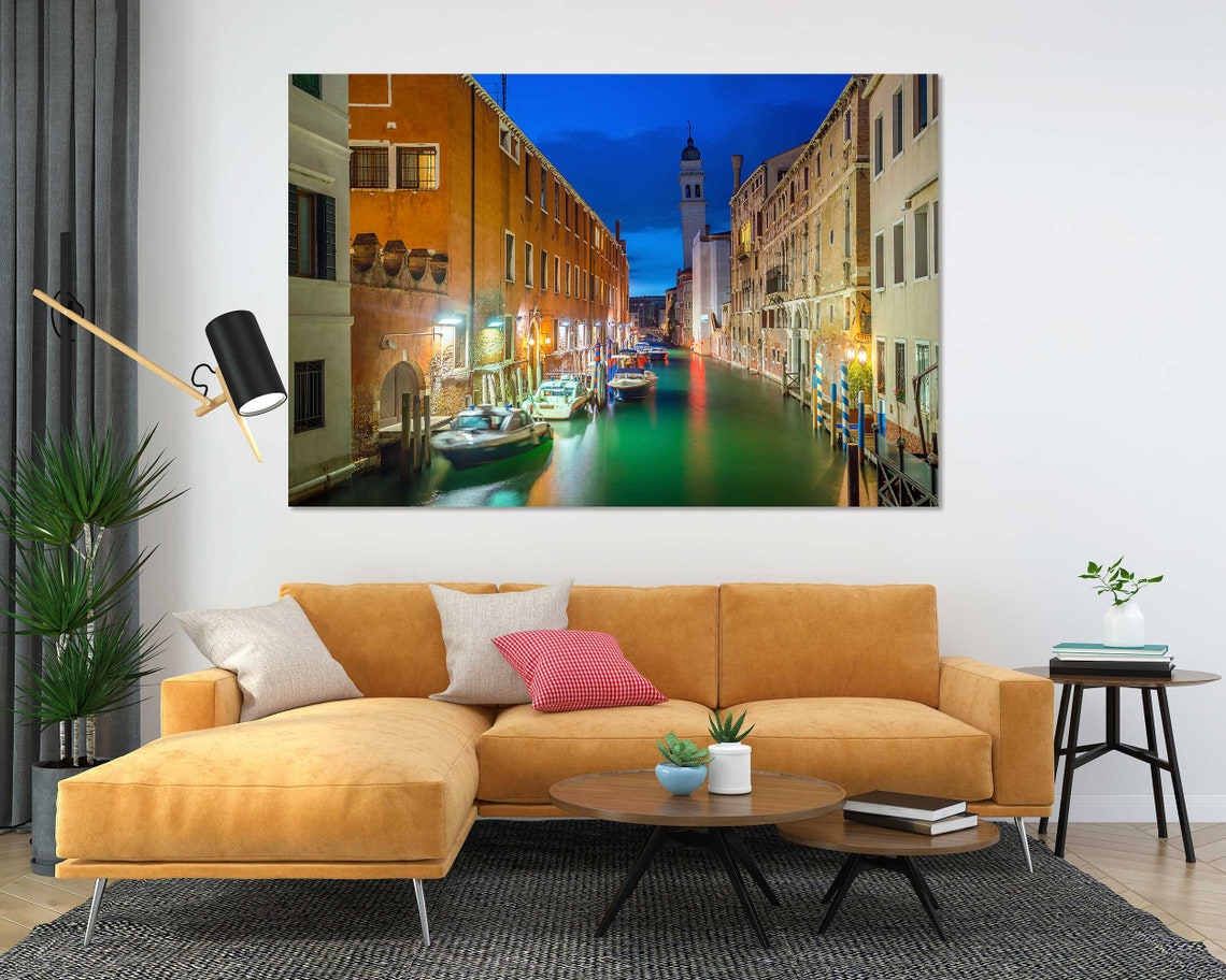 Venice Italy Canal At Night Boats Bell Tower Blue Hour Travel Poster - Image 5