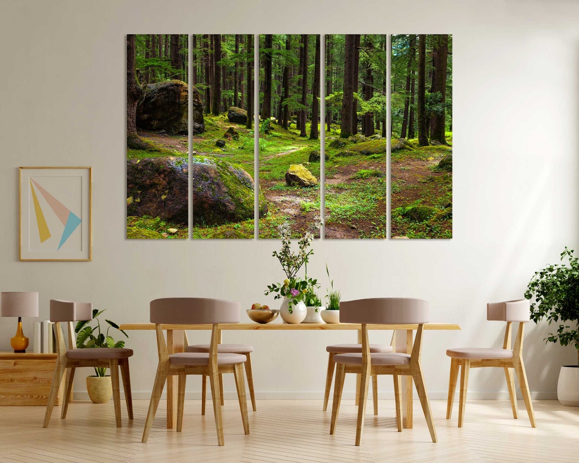 Mossy Pine Forest With Boulders Triptych Three Panel Nature Wall Art - Image 6