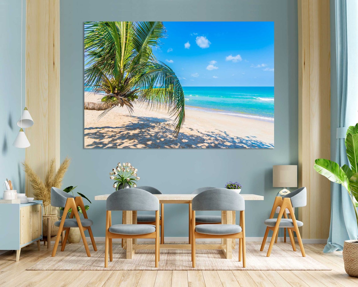 Sunny Tropical Beach Leaning Palm Tree Turquoise Ocean Travel Poster - Image 3
