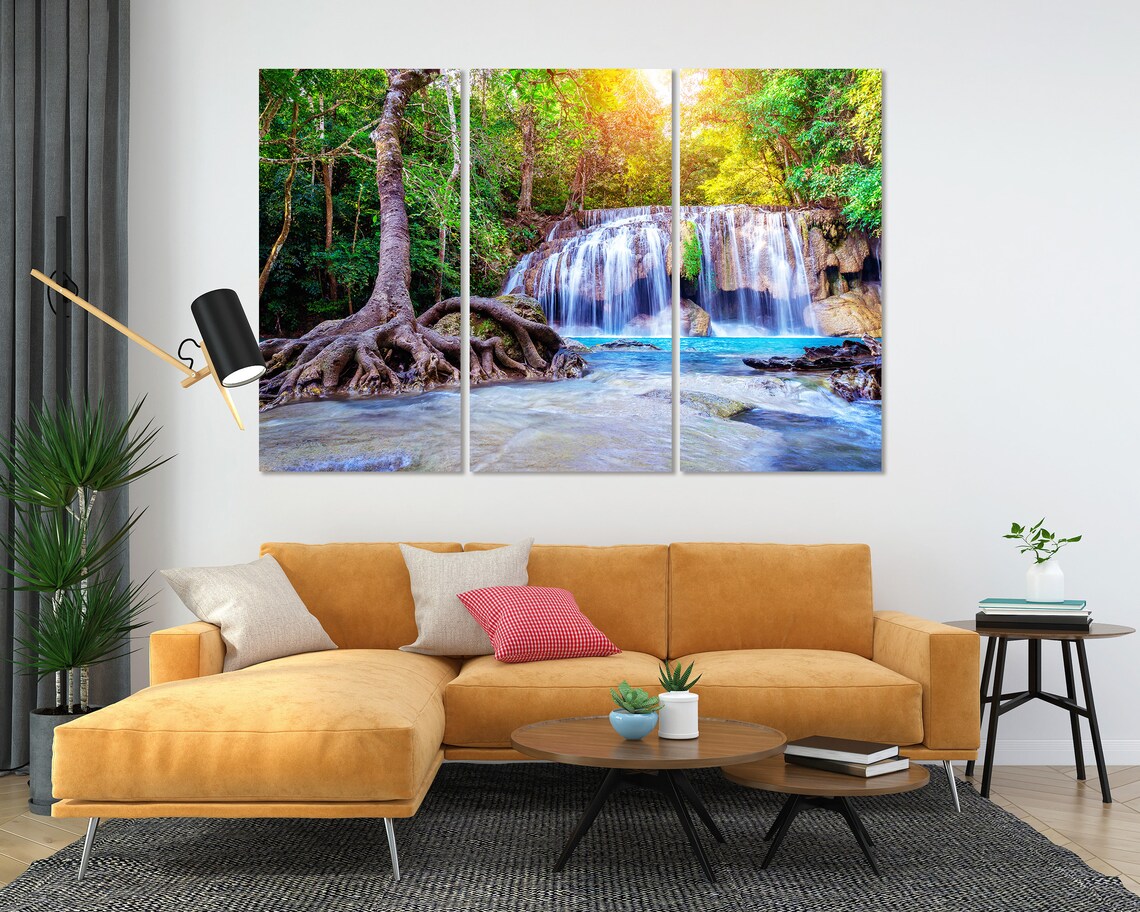 Forest Waterfall With Emerald Pool In Nature Home Decoration Forest River Wall Painting Waterfall Print Sets Green Forest Wall Art - Image 5