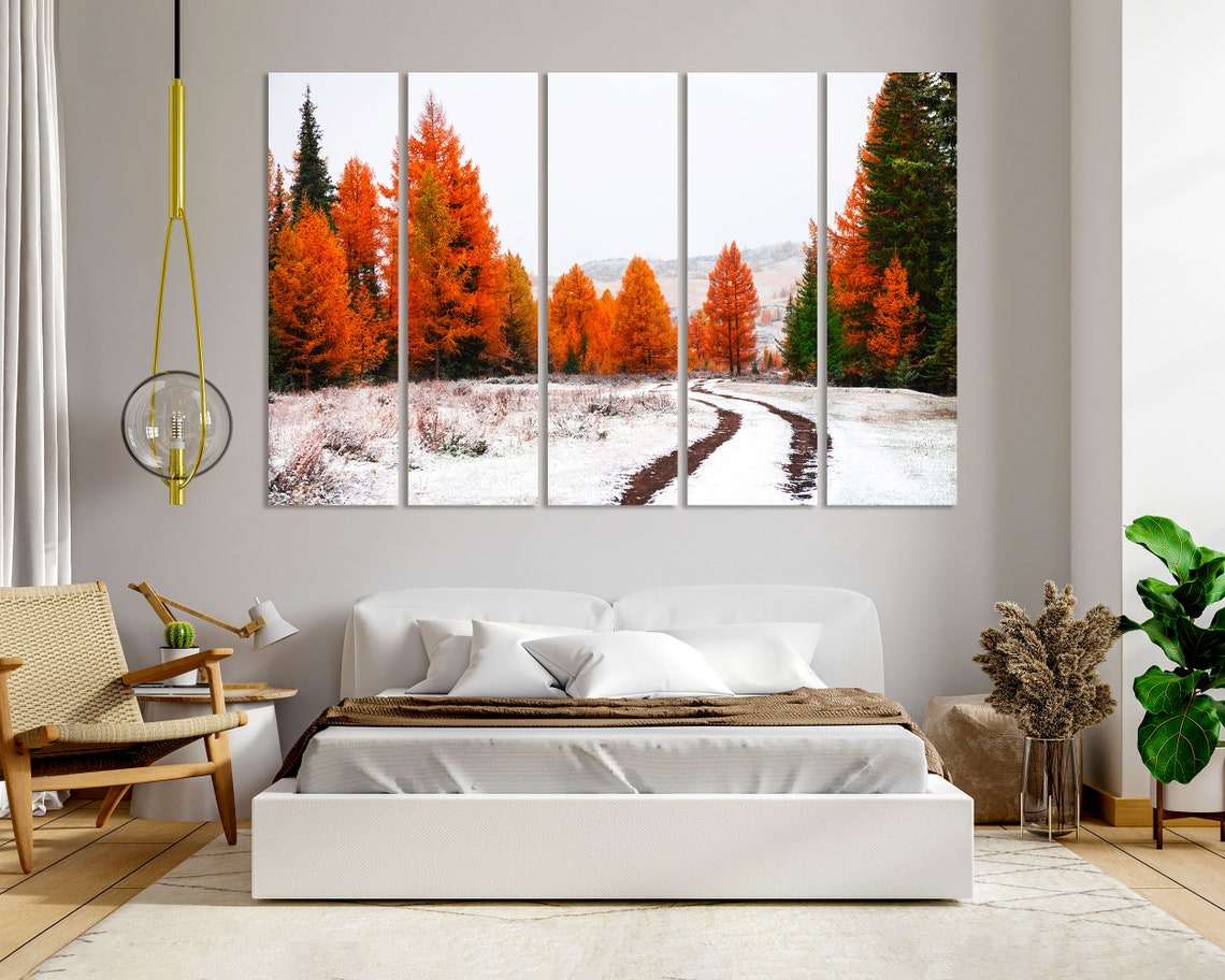 First Snow In Autumn Forest Orange Larch Trees Winter Path Poster - Image 6