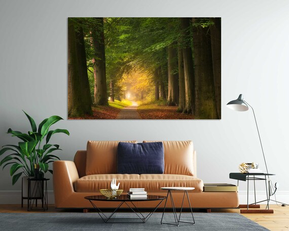 Pathway In The Middle Of A Forest With Big And Green Leafed Trees Creative Decor For Interior Green Trees Print Art Wooden Decor