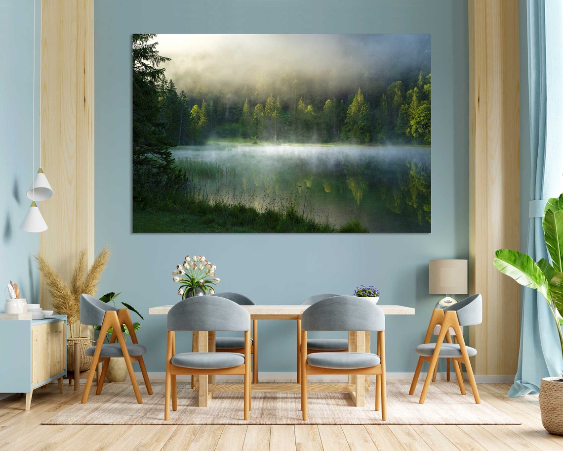 Foggy Morning In Forest With Lake Print Art Foggy Lake Pictures Art Decor Green Forest Design Art For Wall Morning Landscape Art - Image 3