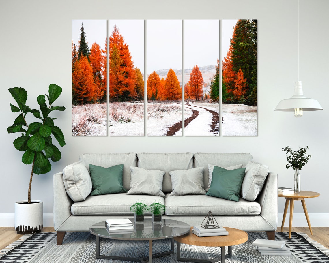 First Snow In Autumn Forest Orange Larch Trees Winter Path Poster - Image 7