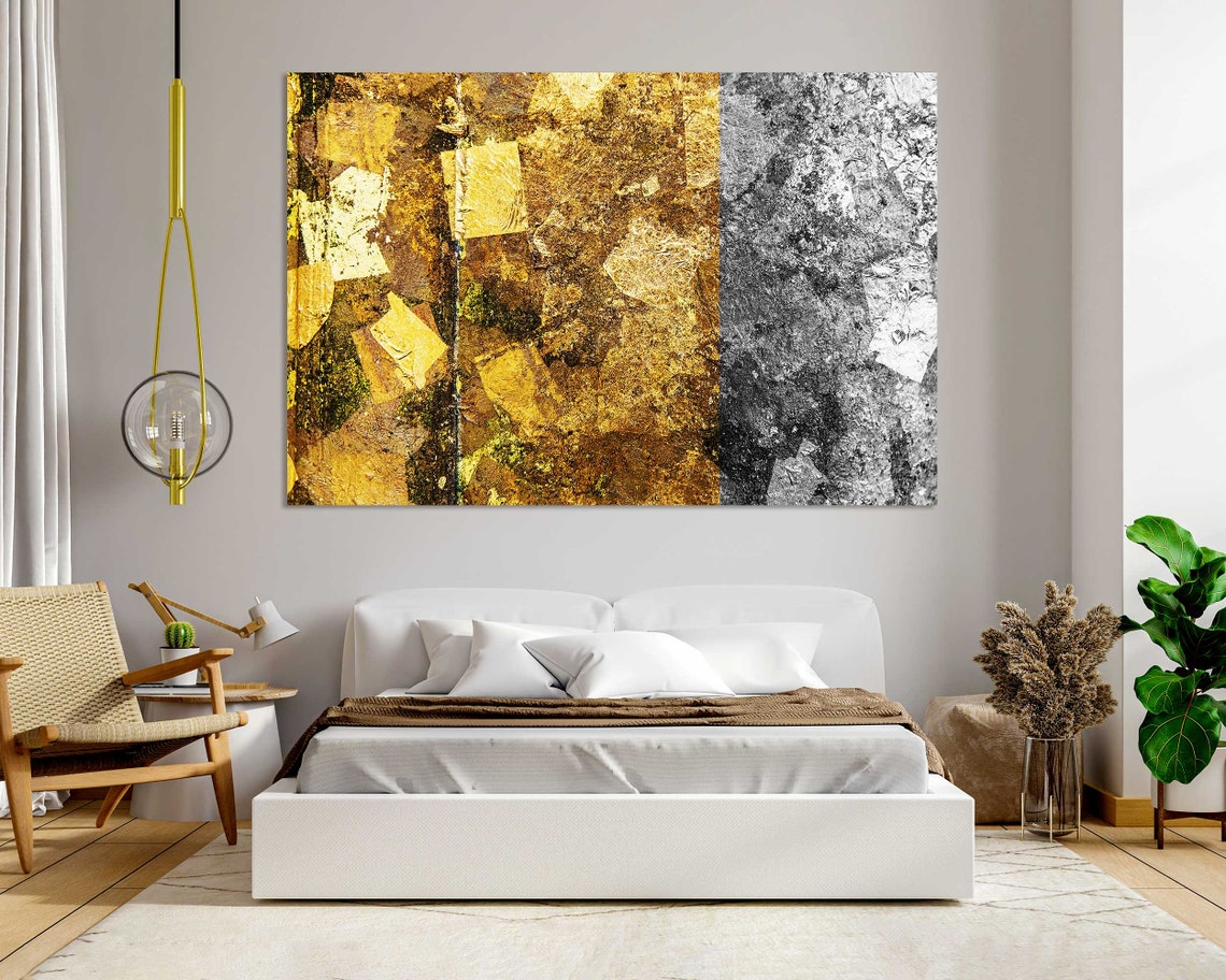 Gold Leaf And Black White Marbled Texture Abstract Art Two Tone Print