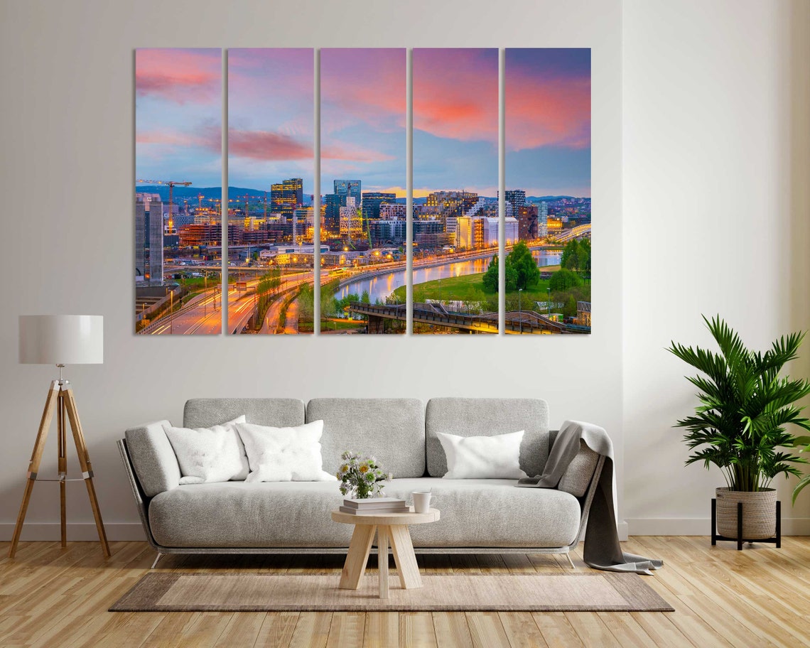 Oslo Norway Night Cityscape With Pink Sunset Sky Harbor Lights Poster - Image 8