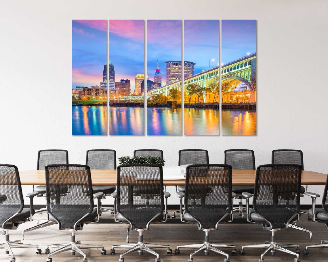 Cleveland Ohio Skyline Sunset Bridge Lights Triptych City View Poster - Image 4