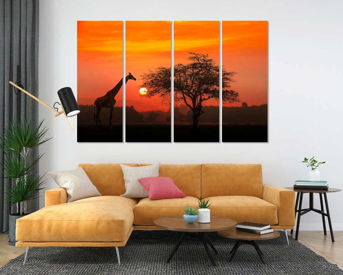 Giraffe Silhouette At Red Sunset With Acacia Tree Safari Poster - Image 8
