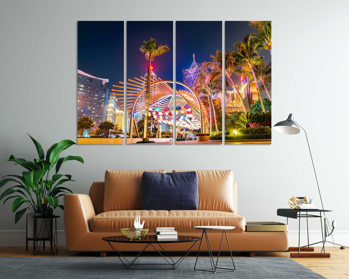 Macau Night Scene with Palm Trees Lit Archway Casino Lights Poster - Image 7