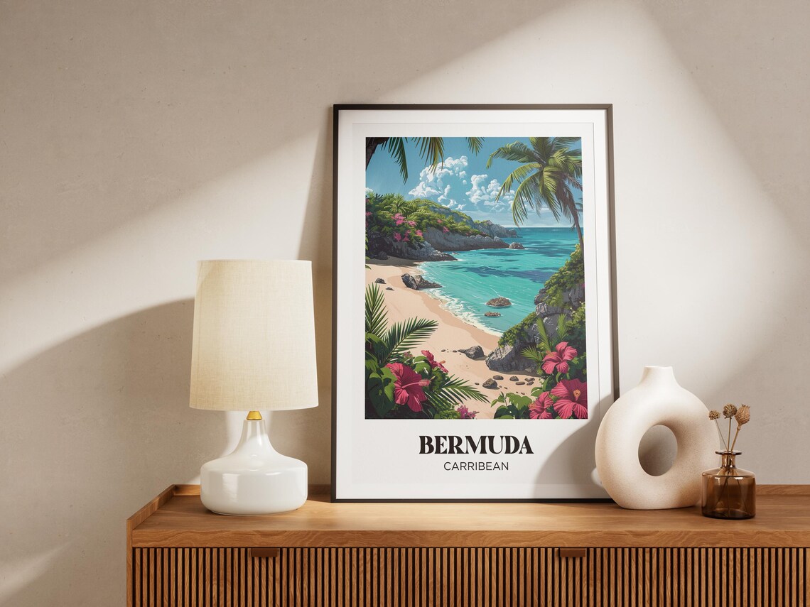 Bermuda Caribbean Pink Flower Cove Beach Retro Travel Poster - Image 4
