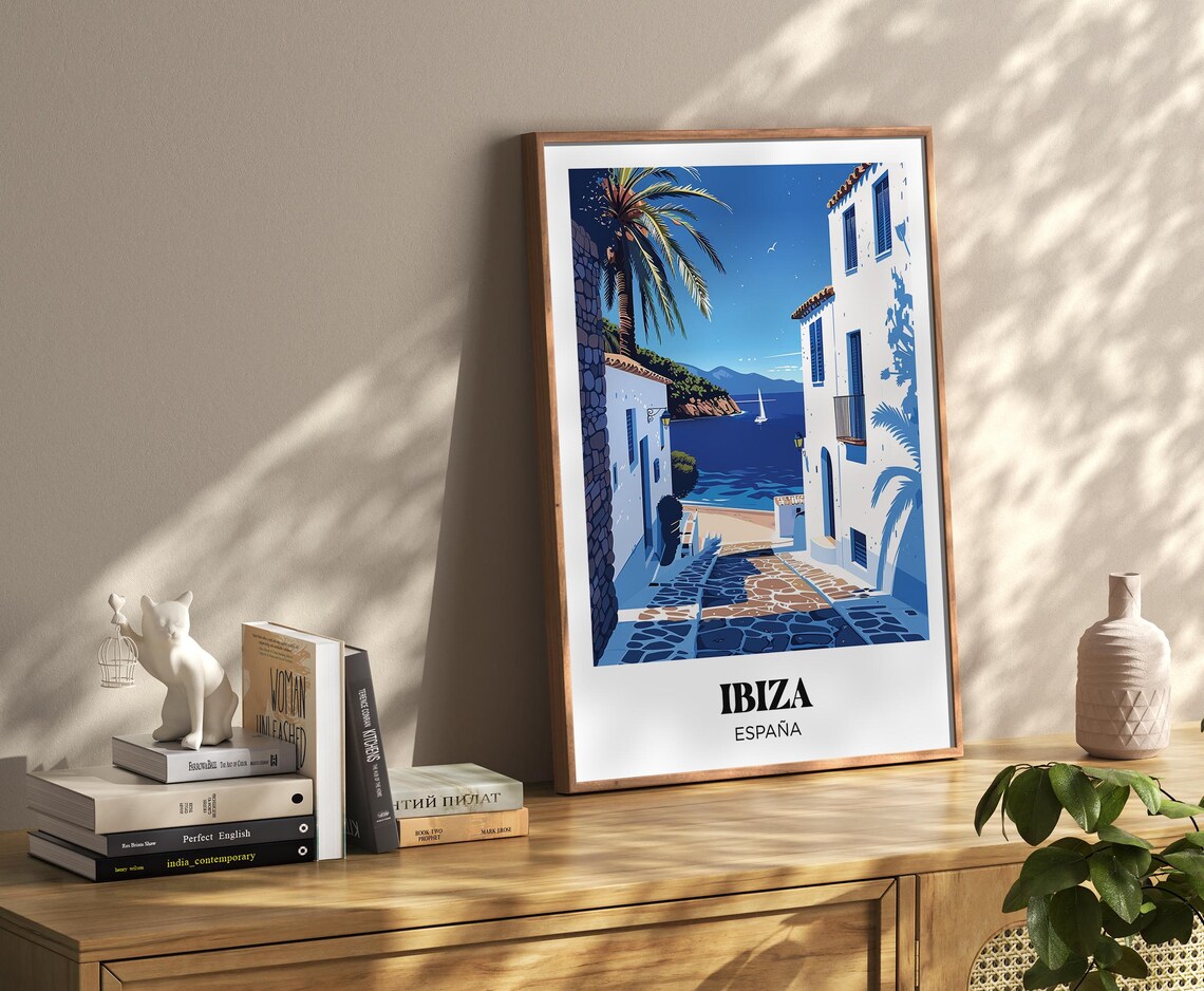Ibiza Spain Whitewashed Alley to the Sea Sailboat Retro Travel Poster - Image 3