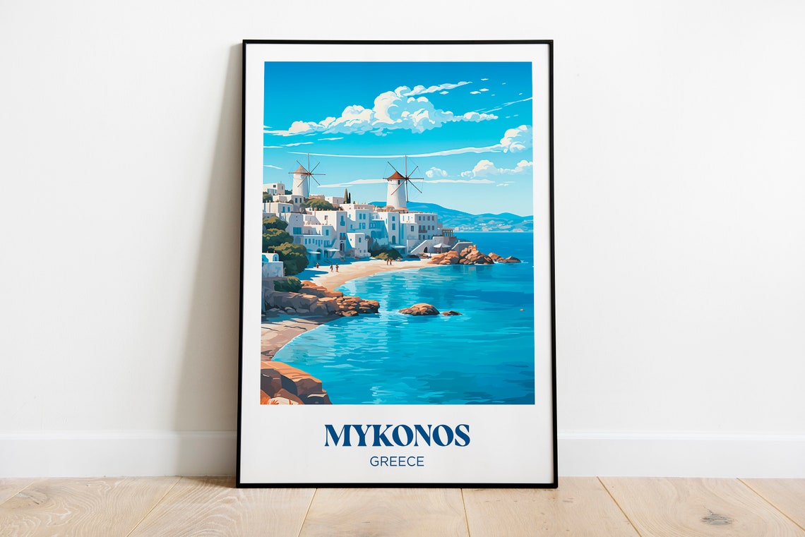 Mykonos Greece Windmills Whitewashed Town Aegean Sea Travel Poster