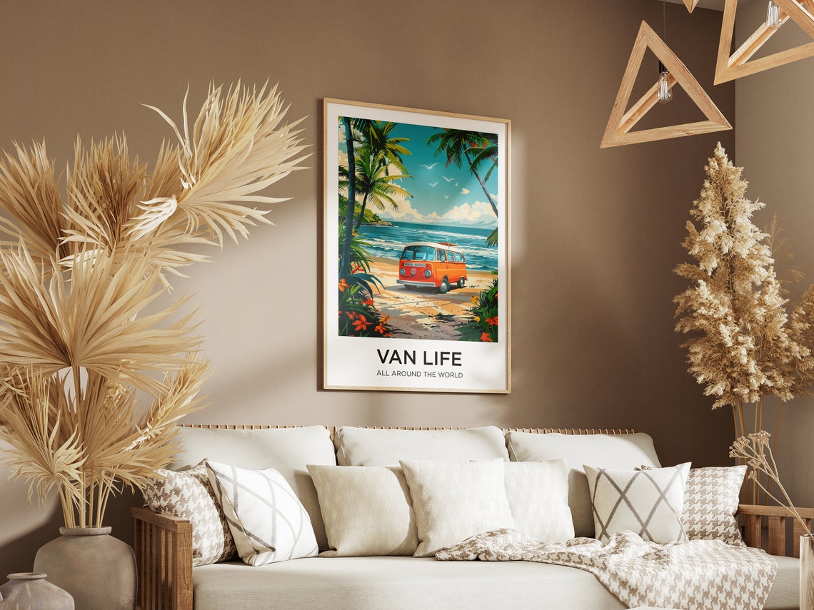 Van Life Retro Camper Van on Tropical Beach Travel Adventure Poster - Image 2