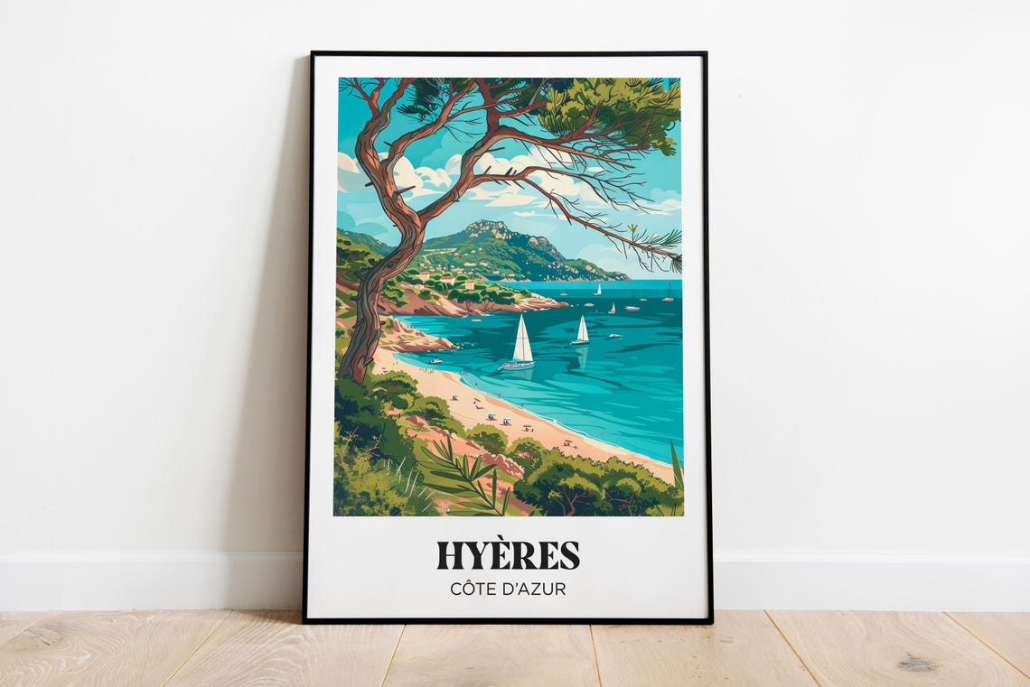 Cote Dazur Travel Poster French Riviera Print Hyres Travel Poster French Riviera Beach Illustration Cte Dazur Gift Saint Tropez