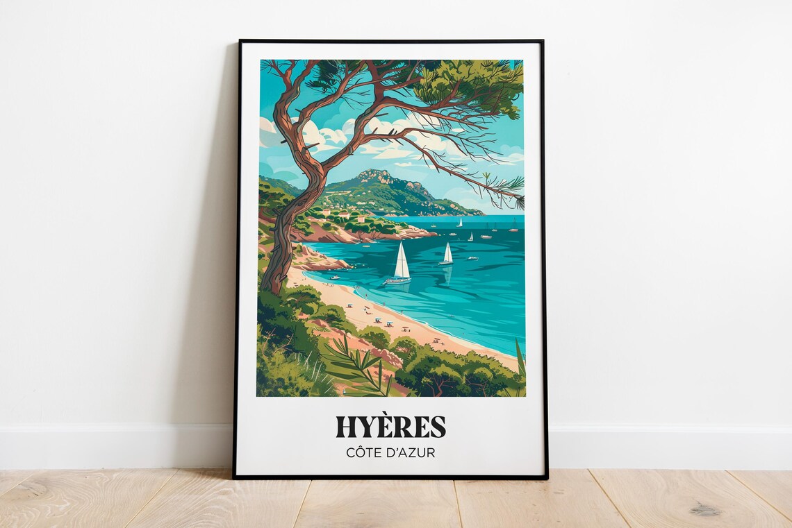 Hyères Côte d'Azur Sailboats Beach Cove Travel Illustration Poster