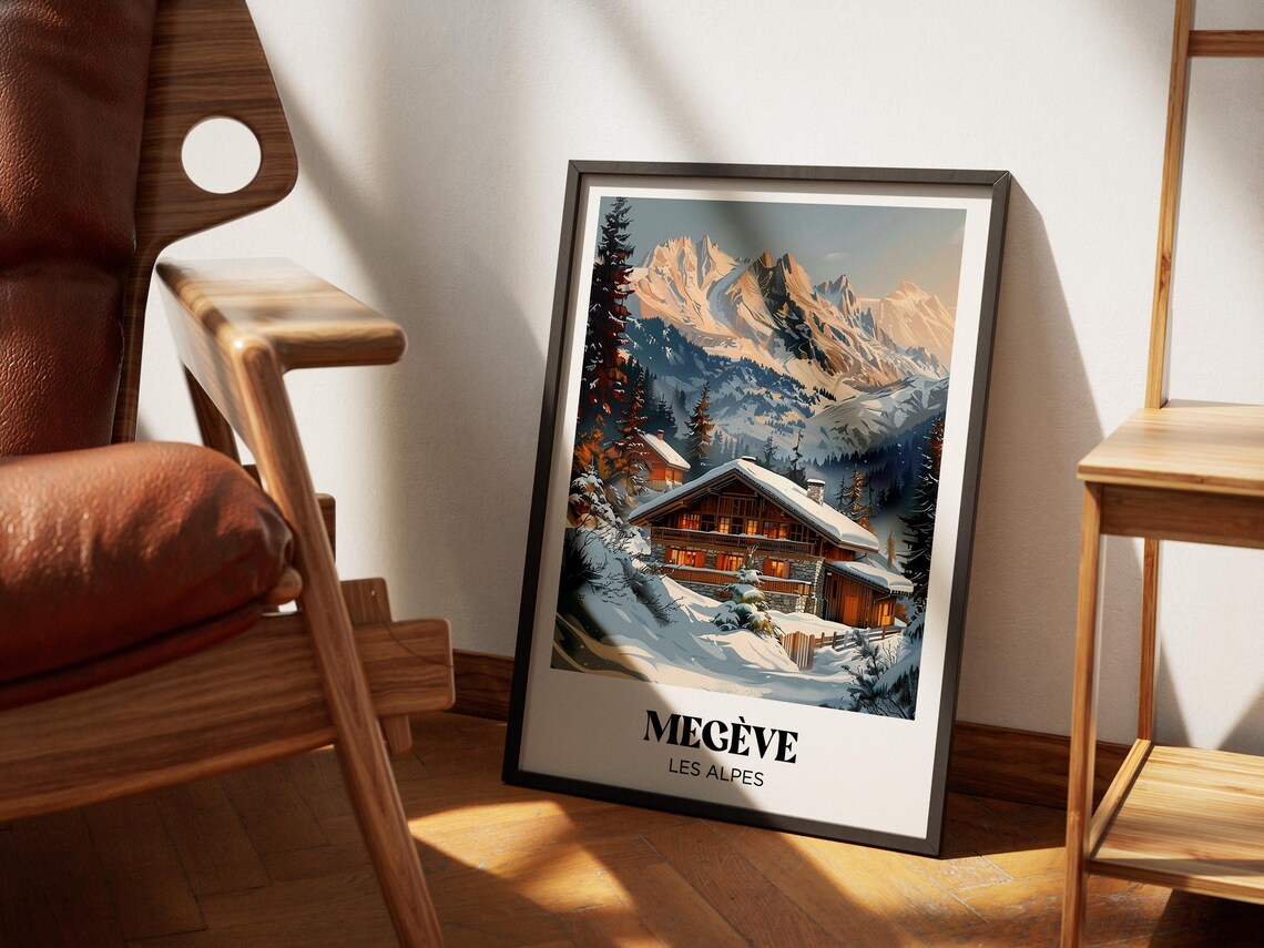 Megève French Alps Snowy Mountain Chalet Winter Travel Poster - Image 2