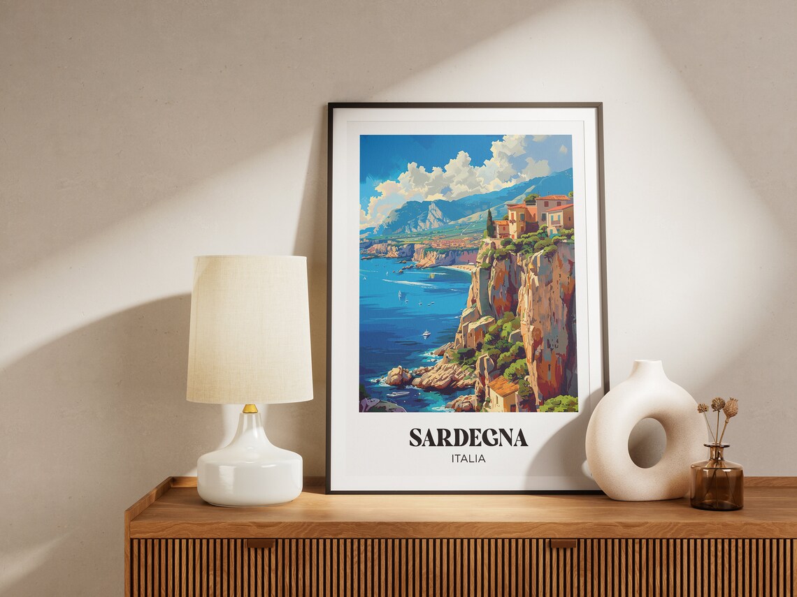 Sardegna Italia Dramatic Sea Cliffs Coastal Village Travel Poster - Image 3