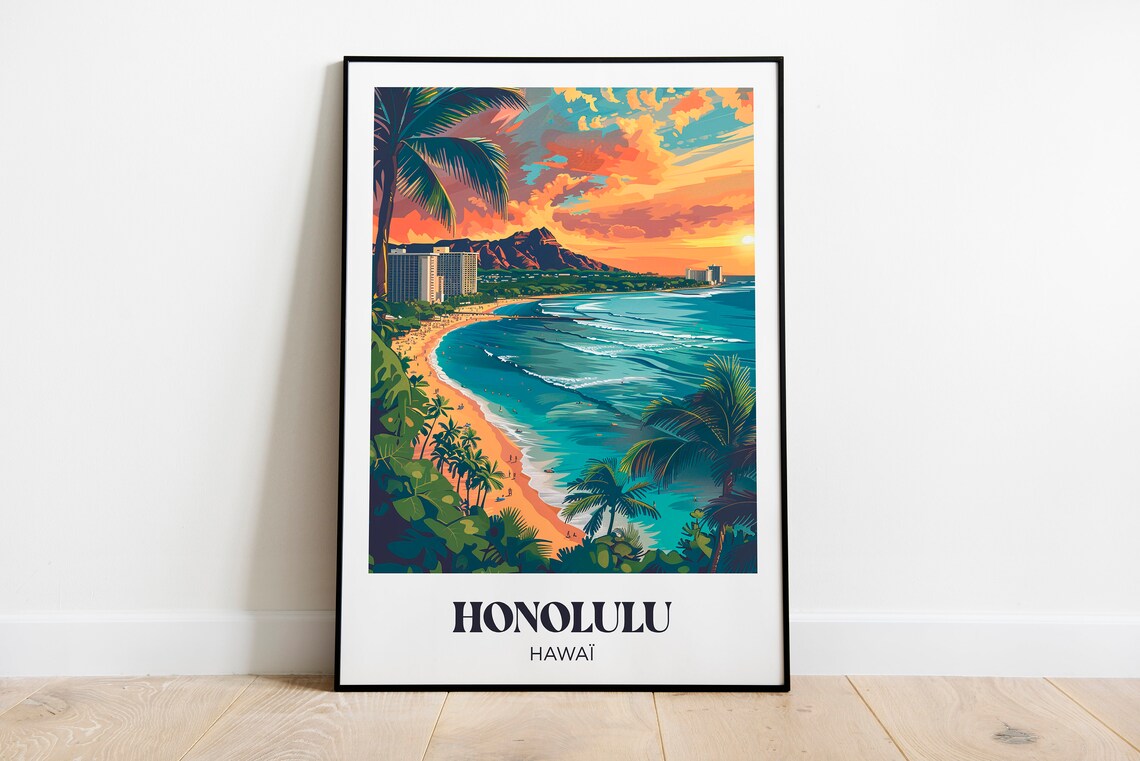 Honolulu Hawaii Travel Poster, Illustrated Travel Print
