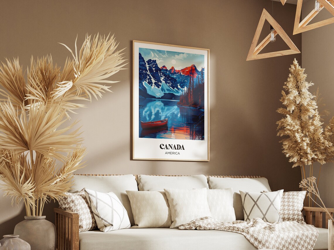 Canada Vintage Alpine Lake Red Canoe Snowy Peaks Travel Poster - Image 2