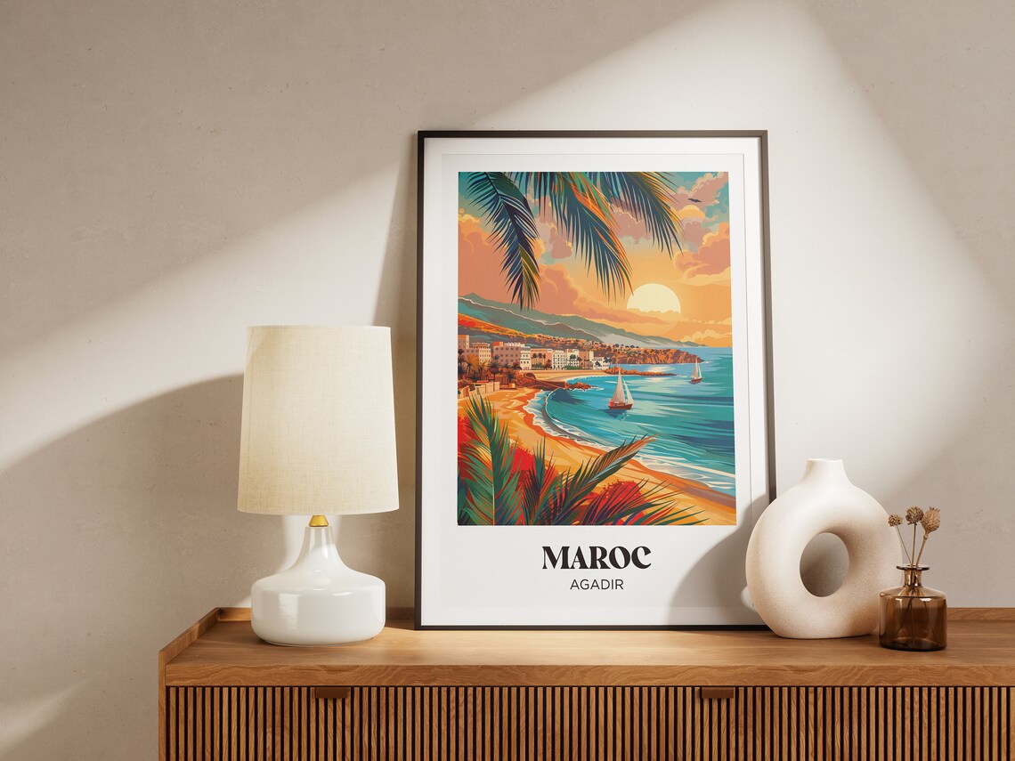 Agadir Morocco Sunset Beach Sailboats Palm Trees Travel Poster - Image 3