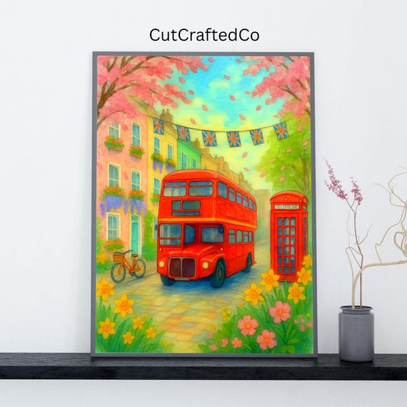 Red London Bus Spring Wall Art Watercolor Floral Street Scene Print British Flag Decor Cherry Blossoms Daffodils