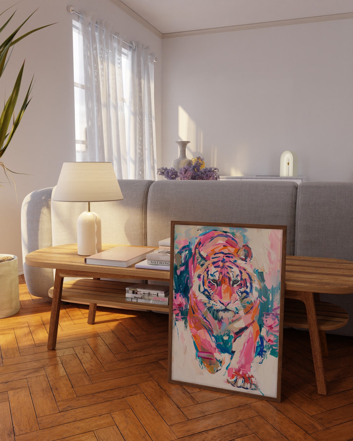 Pink and Purple Abstract Tiger Portrait Impasto Style Art Poster - Image 3