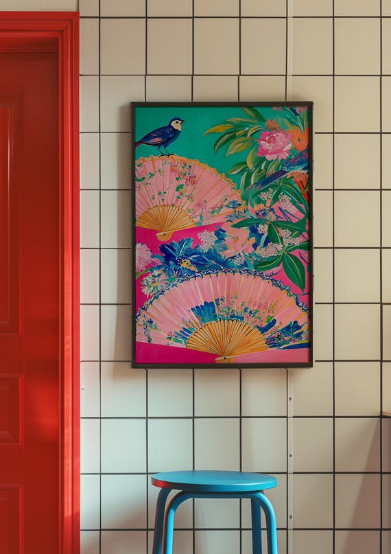 Maximalist Decor Vibrant Chinoiserie Fans Dopamine Decor Exotic Birds Art Colorful Floral Art Eclectic Wall Art Bold Statement Art