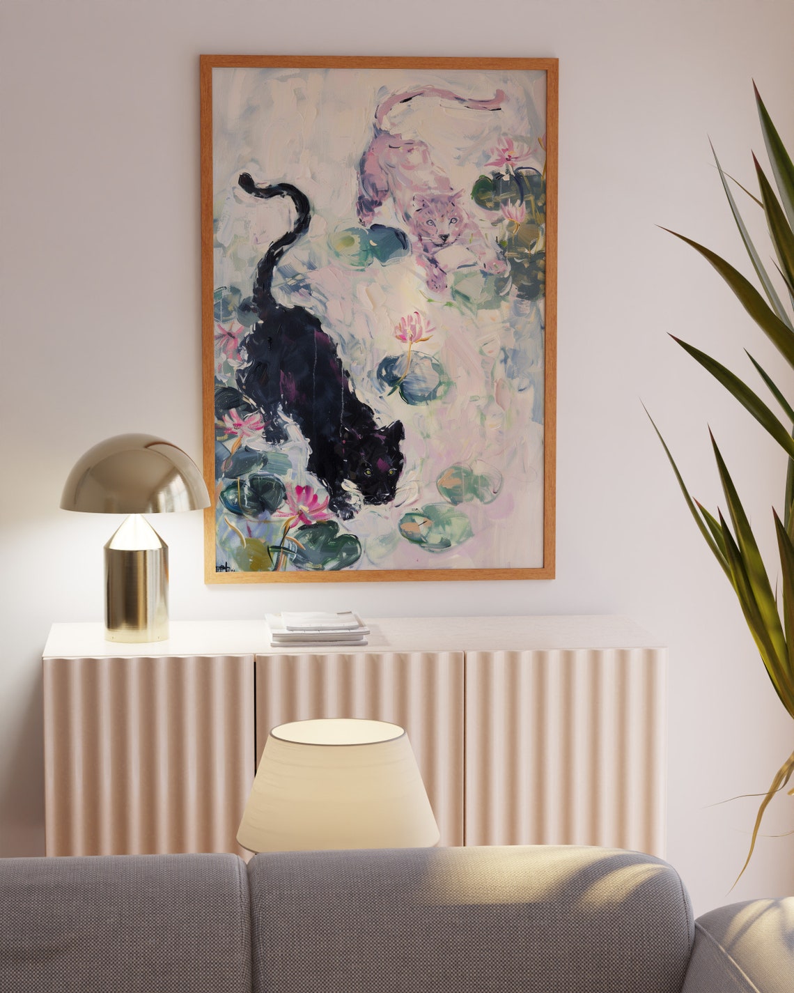 Pair Of Cats Prowling A Soft Pastel Water Lily Pond Scene Poster - Image 4