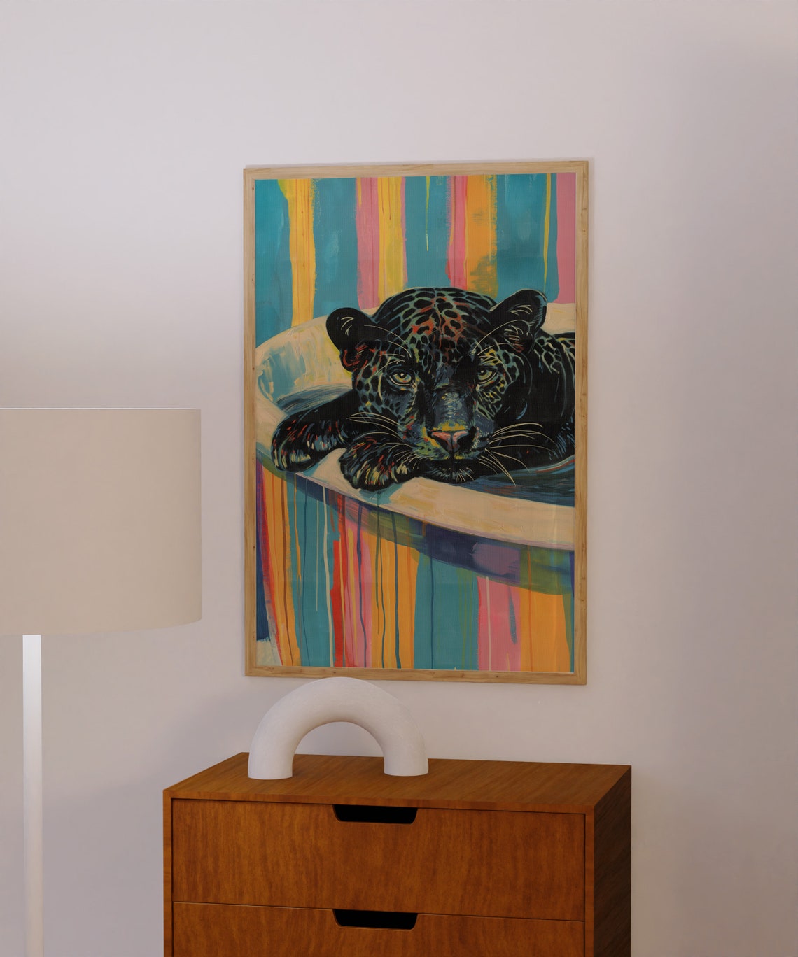Black Panther Resting on Rainbow Stripes Fauvist Style Art Poster - Image 2