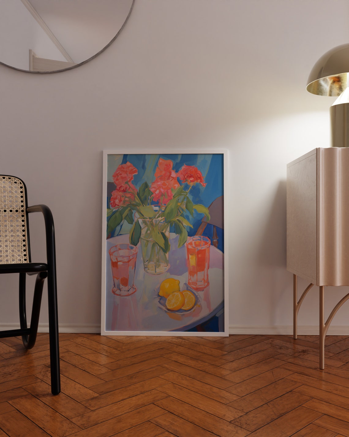 Coral Roses And Fresh Lemons Still Life Table Painting Poster - Image 3