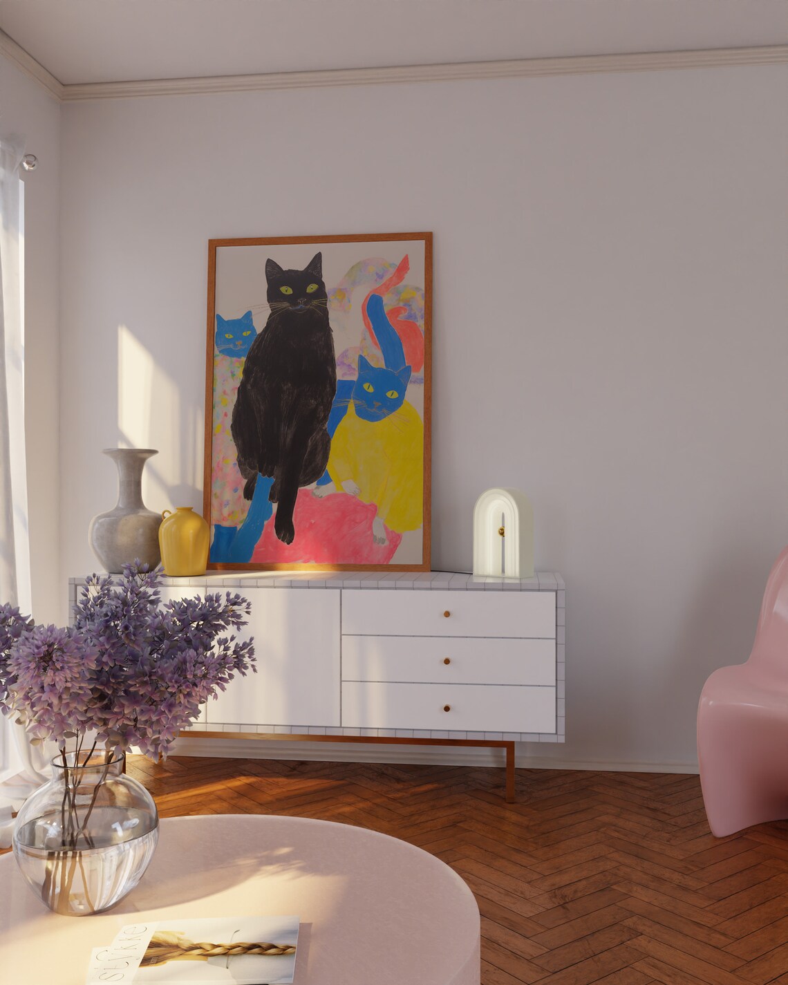 Black Cat with Blue and Yellow Cats Funky Maximalist Art Poster - Image 4