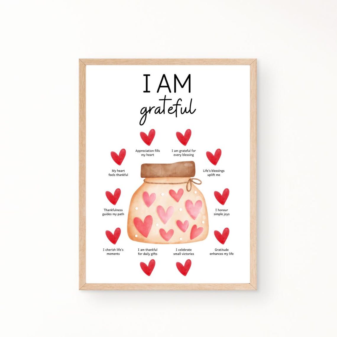 I Am Grateful Watercolor Gratitude Jar Heart Affirmations Poster