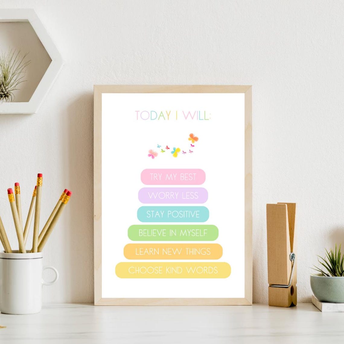 Today I Will Rainbow Daily Intentions Kids Morning Butterfly Poster - Image 4